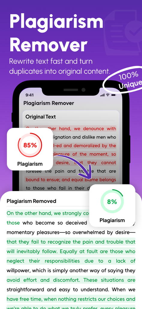 Plagiarism Checker-Humanize AI - Plagiarism remover feature showing text transformation from high plagiarism to unique content