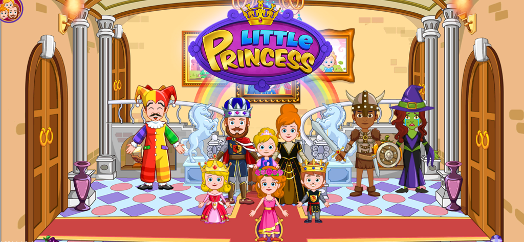 Um grupo de personagens reais incluindo um rei, rainha e princesa em um salão de castelo.