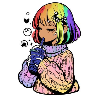 manga girl drinking boba in cozy sweater
