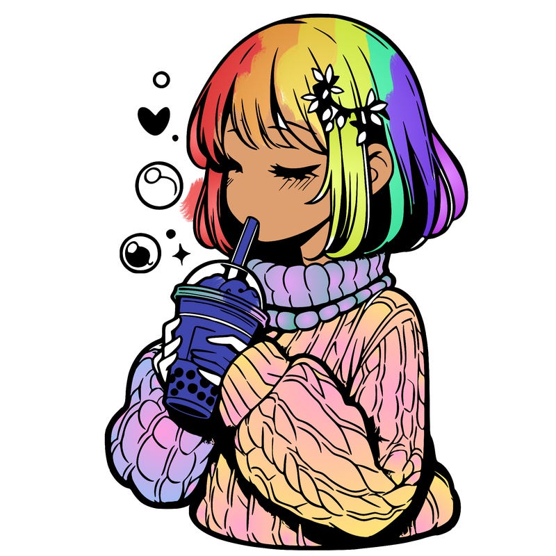 manga girl drinking boba in cozy sweater