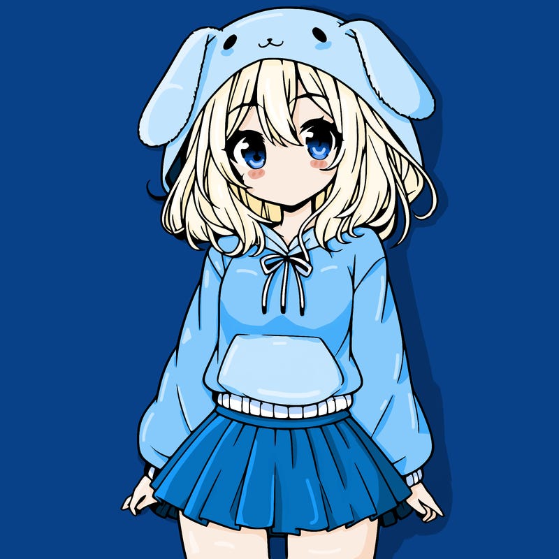 pretty anime girl wearing a fluffy hoodie with bunny ears on the hood and a skirt