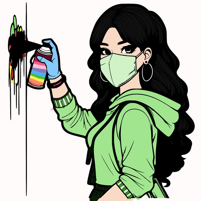 realistic girl with mask spray painting a wall