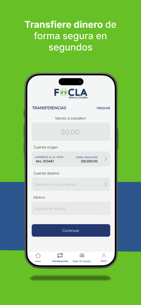 FOCLA Móvil - Interfaz de la aplicación FOCLA Movil mostrando la pantalla de transferencia de dinero en español