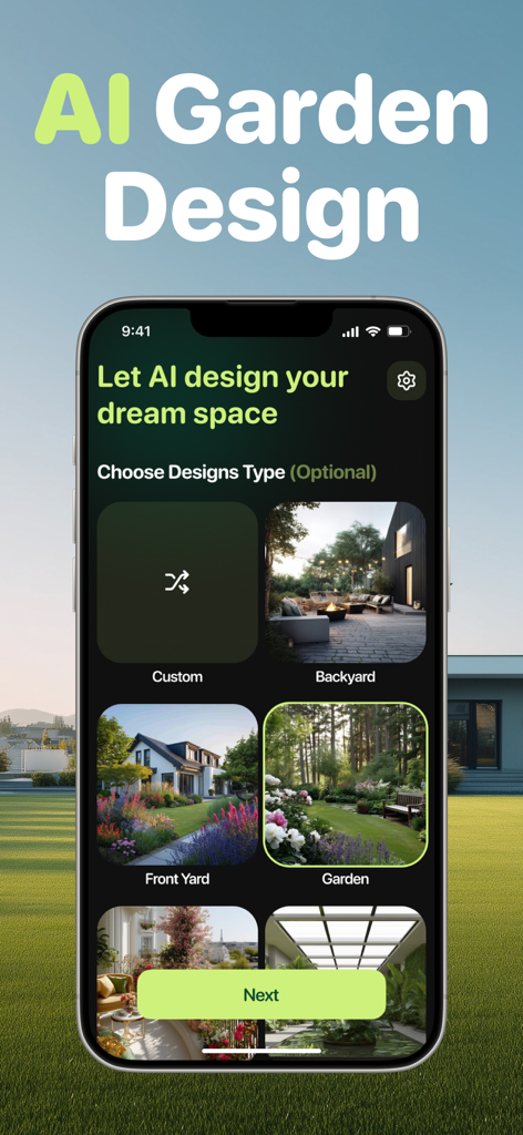 AI Garden Design AI Landscape - AI Garden Design app screen showing options to choose between Backyard, Front Yard, and Garden designs.