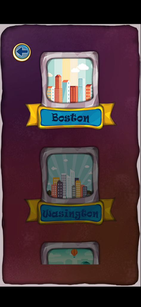 Plumber: Water Connect Flow - Menú de selección de nivel para Plumber Water Connect Flow mostrando varias tierras temáticas de ciudades, incluyendo Boston y Washington