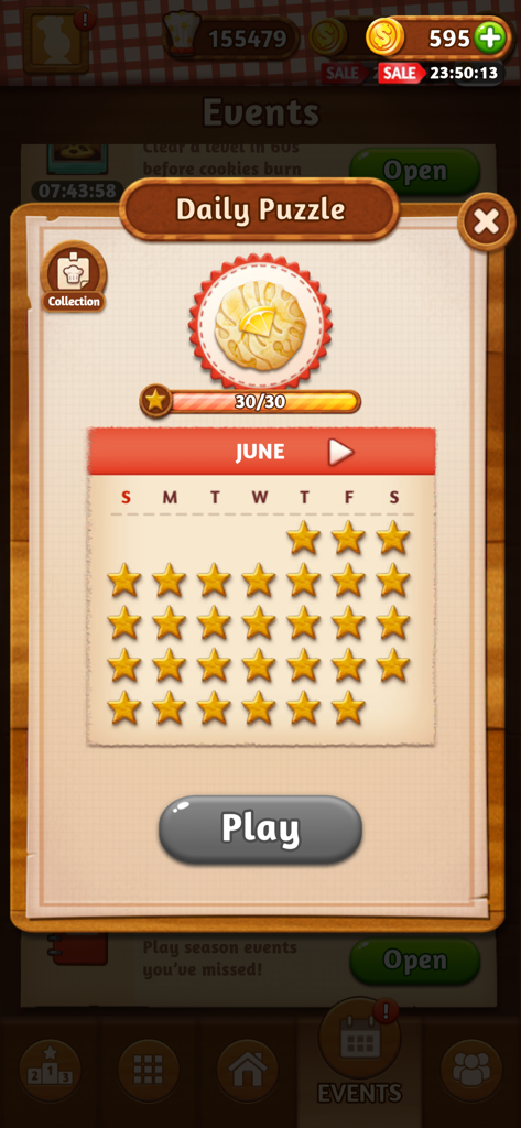 Word Cookies app daily puzzle screen showing a completed June calendar with gold stars
