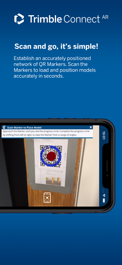 Smartphone scannt einen QR-Marker auf einer Baustelle, um ein 3D BIM-Modell mit Trimble Connect AR präzise zu positionieren
