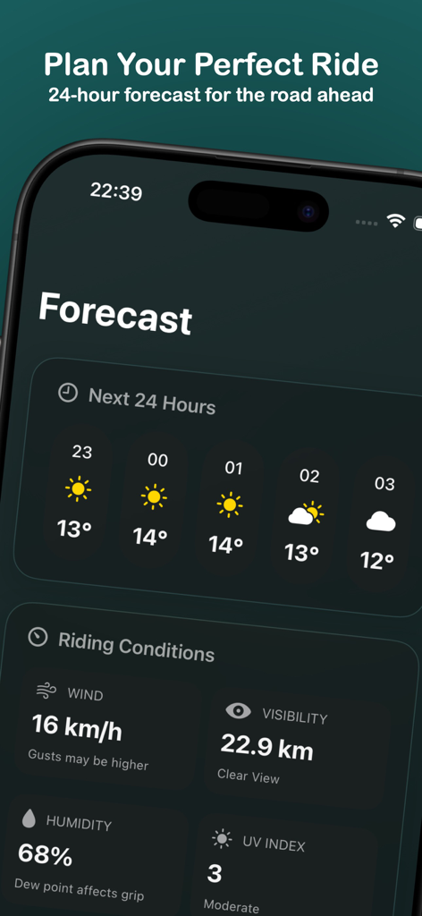 Rider Weather - AI Companion - Screenshot of the Rider Weather app showing a 24 hour forecast and detailed riding conditions like wind speed and visibility.