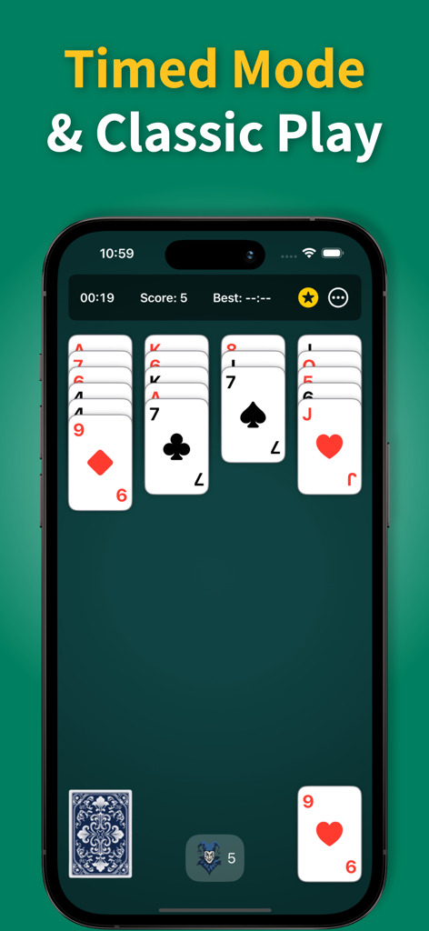 Aces Up Solitaire game screen featuring timed mode and classic card play.