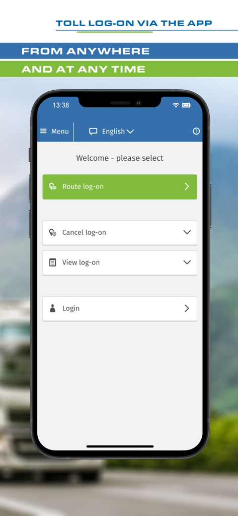 Main menu of the Toll Collect app showing route log-on options for German truck tolls.