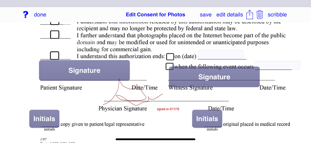Mobile Healthcare EHR - Digital consent form with electronic signature and initials fields in the Mobile Healthcare EHR app.