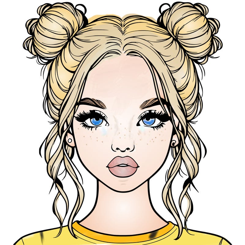 realistic girl with two buns in hair and lips