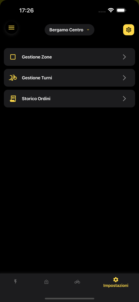 Mobile dashboard of Flash Manager app displaying delivery zone management shift management and order history options
