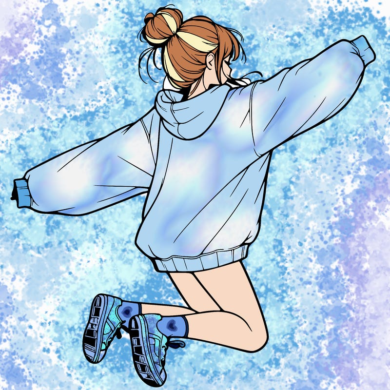 realistic girl jumping with a bun and oversized sweatshirt