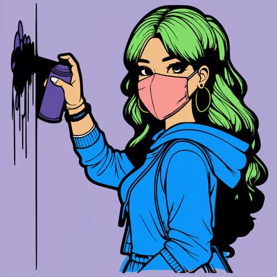 realistic girl with mask spray painting a wall