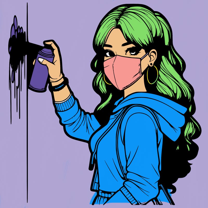 realistic girl with mask spray painting a wall