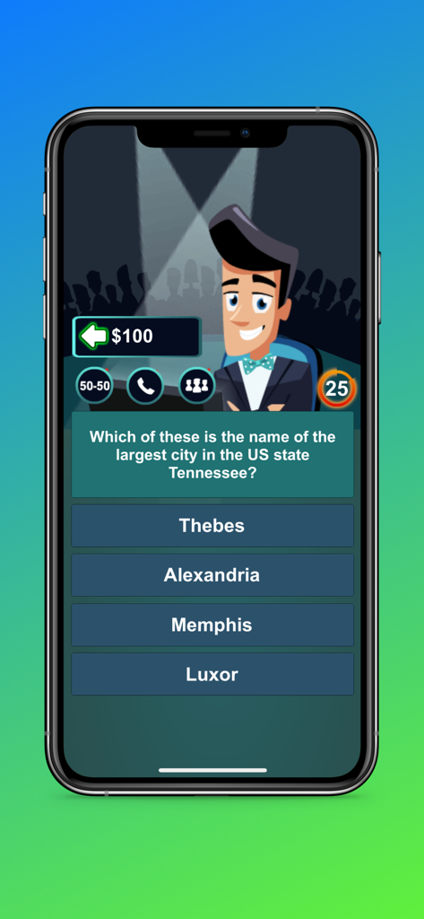 Millionaire Quiz mobile game interface with a trivia question and lifeline options