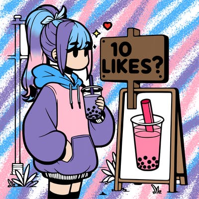 girl with oversized hoodie drinking boba and she has a high ponytail with a sign that says 10likes?