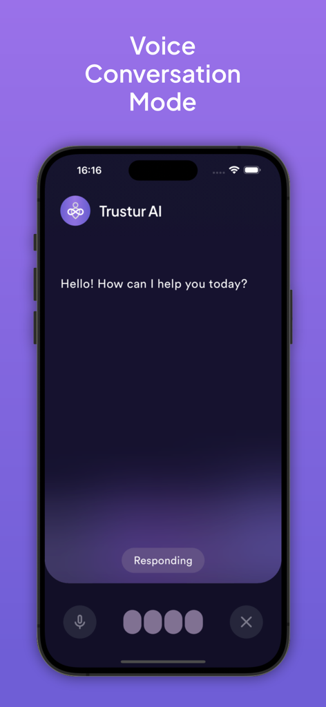 Trustur AI mobile app interface showing the voice conversation mode feature