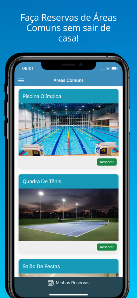 Control Condo - Mobile app screen showing options to reserve condo common areas like an olympic pool and tennis court
