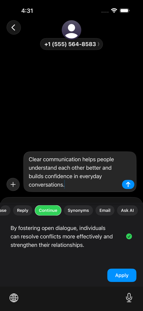AI Keyboard Type: Type Buddy - The Type Buddy AI keyboard interface showing a smart text continuation suggestion in a messaging app