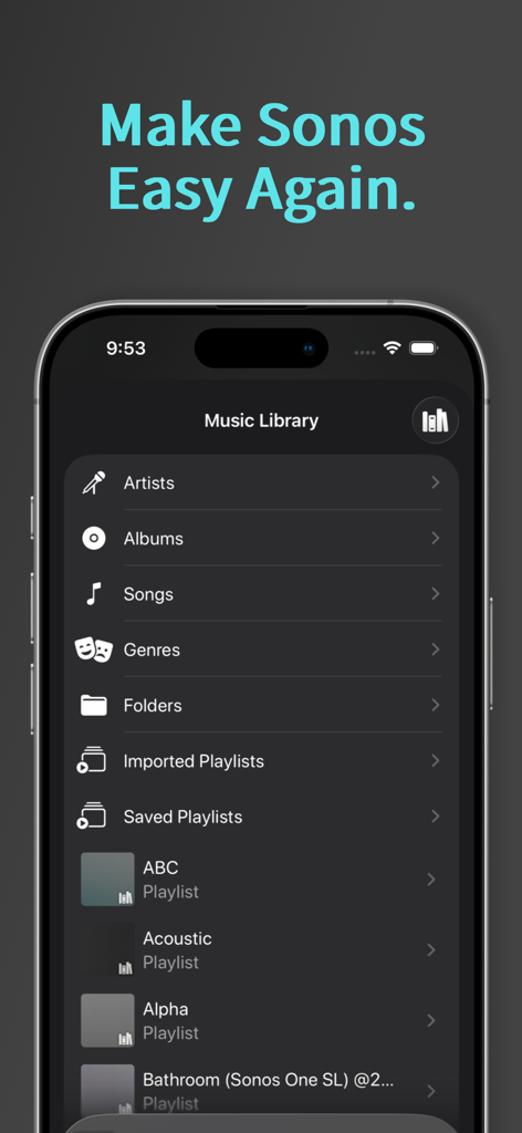 Clic for Sonos - iPhone-Oberfläche der Clic for Sonos App, die das Menü der Musikbibliothek im Dark Mode anzeigt.