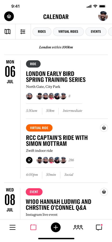 Screenshot of the Rapha Cycling Club app showing a calendar of scheduled group rides and cycling events