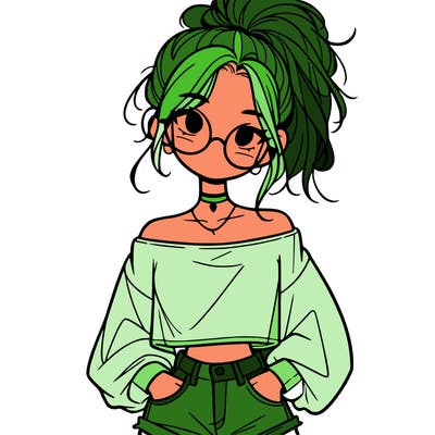 girl with a messy ponytail glasses a baggy crop top and jean shorts