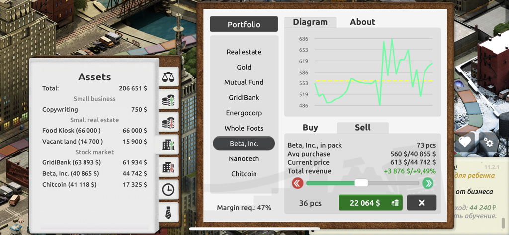 Timeflow: Business Tycoon Game - Pantalla del juego de magnate de negocios Timeflow que muestra la lista de activos y el gráfico de la cartera del mercado de valores