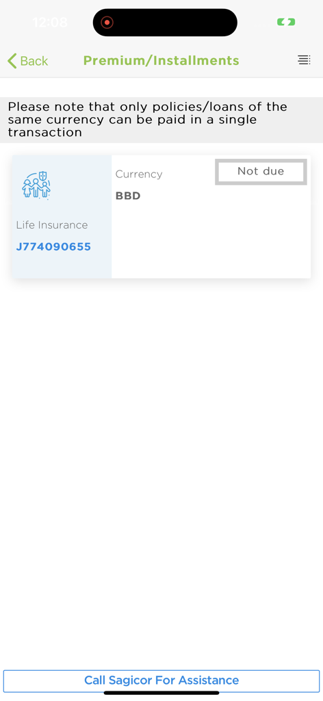 Sagicor Go app premium and installments screen showing life insurance policy status