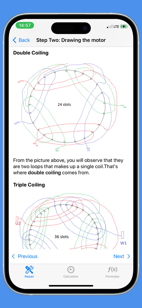 Motor Repair - Diagrama educacional mostrando padrões de enrolamento duplo e triplo para rebobinamento de motores.