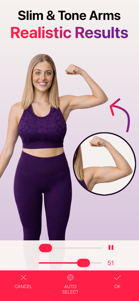 Body Sculpt: AI Body Editor - Interfaz de la aplicación IA Body Sculpt mostrando a una mujer usando herramientas para estilizar y tonificar los brazos con resultados realistas