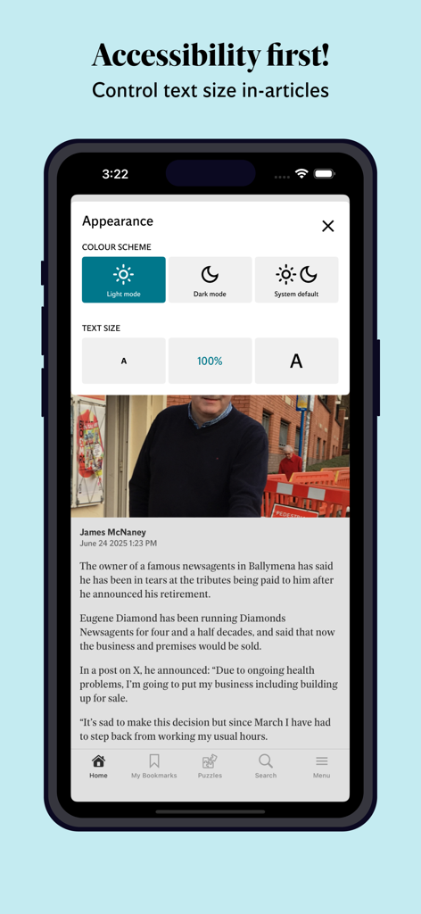 Belfast Telegraph News app accessibility settings showing options for color scheme and text size control