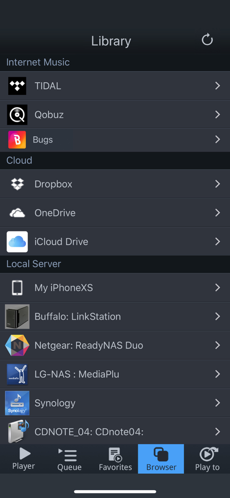 mconnect Player - mconnect Player app library screen showing music streaming cloud storage and local network server sources