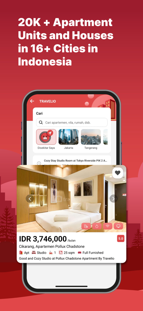 Interface de l'application Travelio montrant des listes de location d'appartements et de maisons en Indonésie