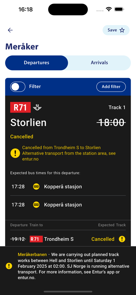 NÅ - NA app screen showing cancelled train departures and bus replacement information