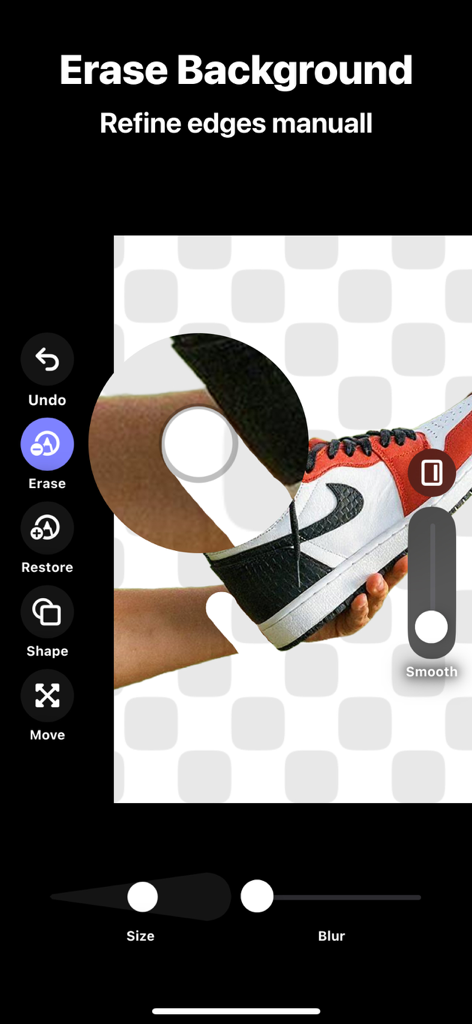 Remove BG Object Eraser - Snip - Interface of the Snip app showing manual edge refinement and background removal for a sneaker photo