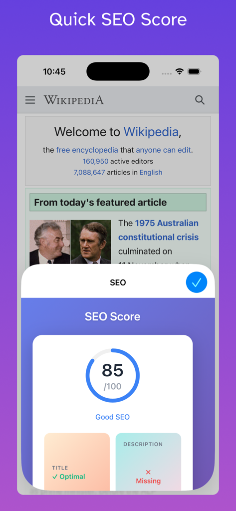 SEO for Safari - Schermata iPhone che mostra l'interfaccia dell'app SEO per Safari con un punteggio SEO di 85 su 100 per un sito web