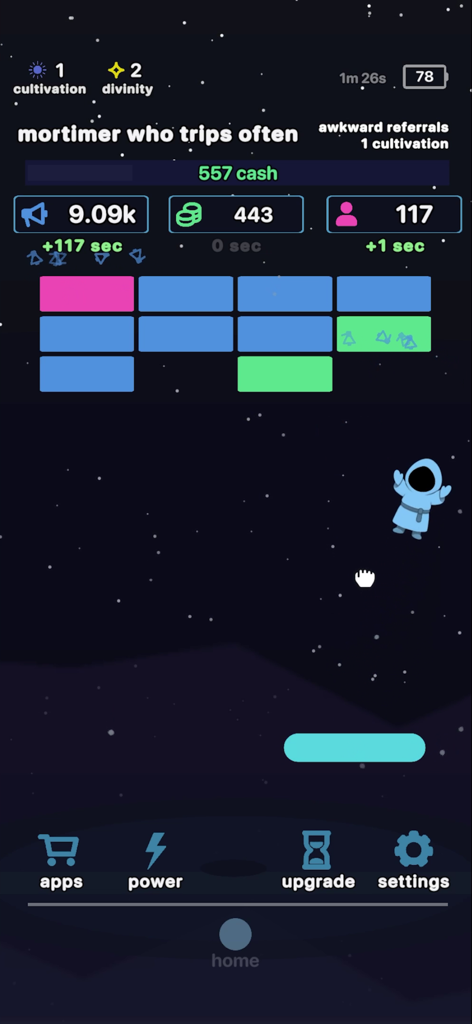 cozy cult - Gameplay screen of Cozy Cult showing statistics for cash and followers with a grid of colored blocks and a floating hooded character