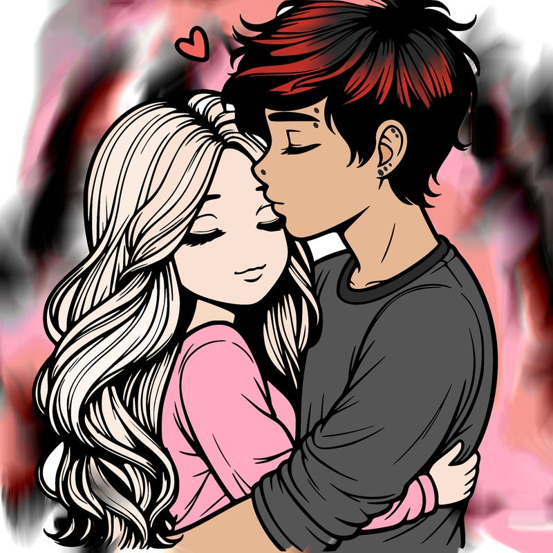 a realistic couple boy and girl hugging and kissing
