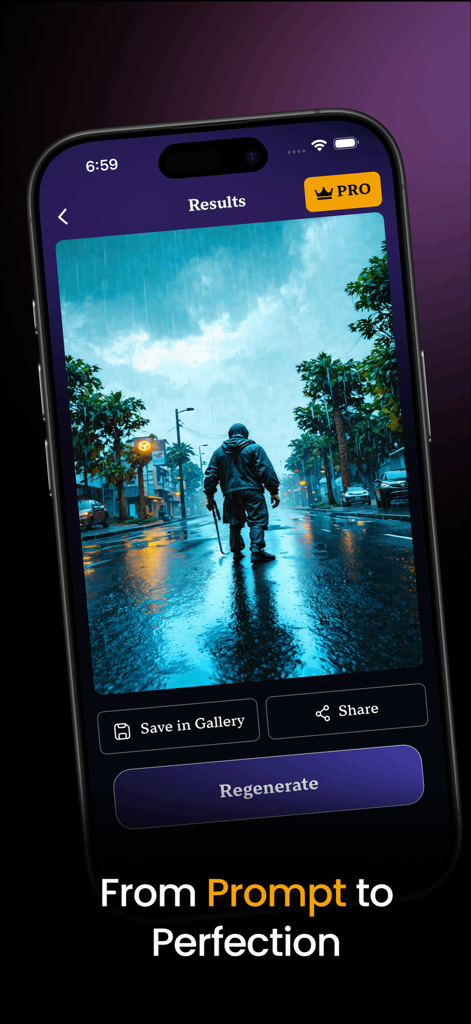 AI Image,Photo & Art Generator - AIフォトジェネレーターアプリ。街の雨の中にいる男性のシネマティックな画像を表示