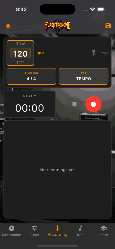 Flashtronome - Flashtronome recording interface showing metronome settings and record button