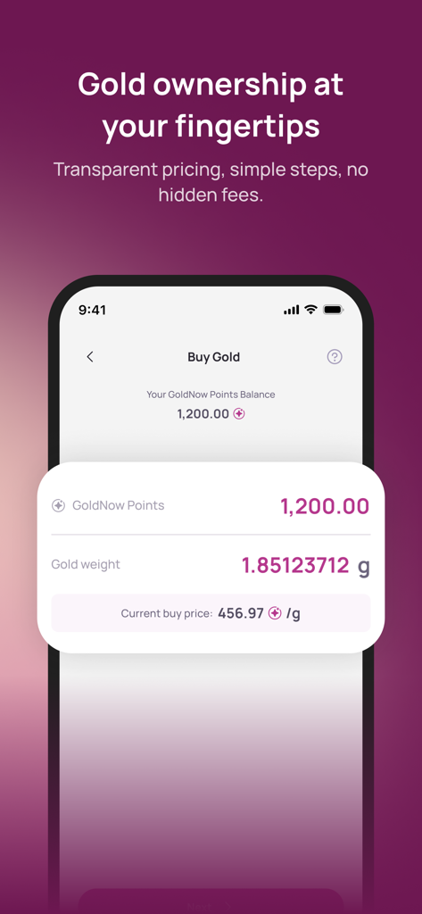 Mobile app screen of Tomei GoldNow showing gold points balance and current buy price per gram