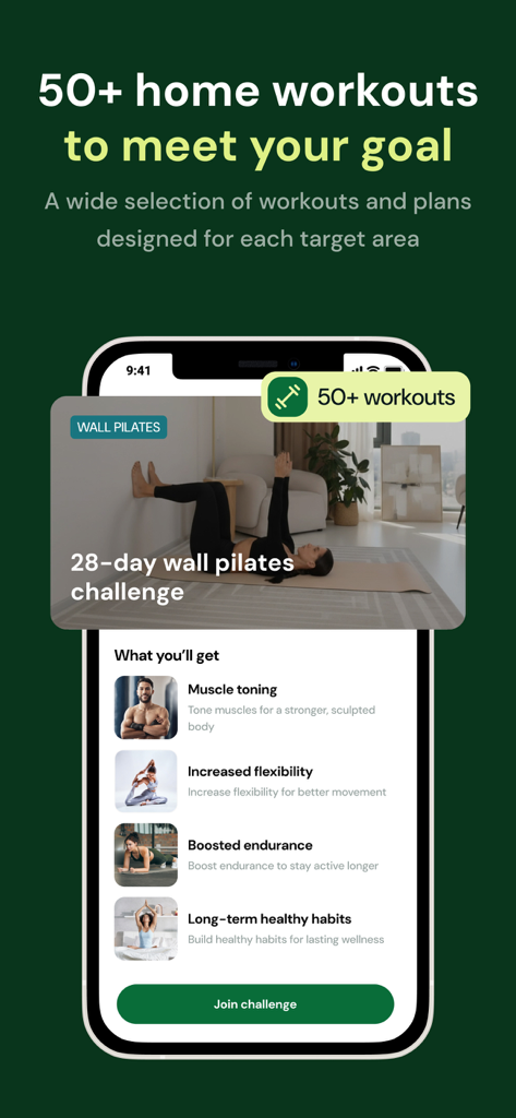 Lasta Fit app interface showing a 28 day wall pilates challenge and home workout goals
