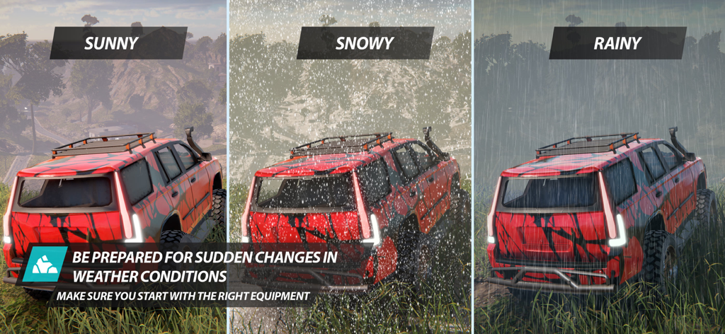 A red SUV shown in three different weather conditions including sunny snowy and rainy