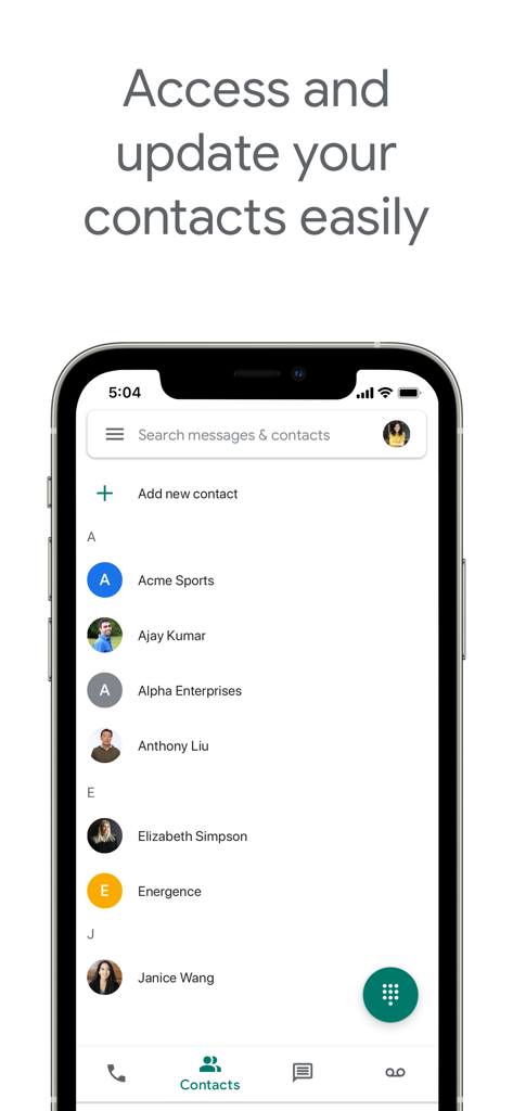 Google Voice app screen showing a searchable contact list and the option to add new contacts.