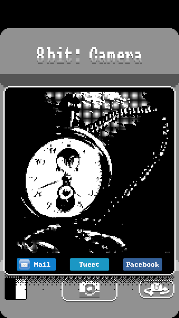 8bit: Camera - A pixelated black and white photo of a watch inside the 8bit Camera app interface