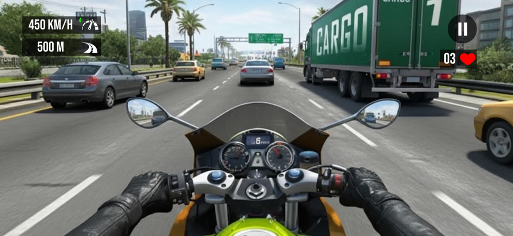 GT Bike Racing Moto Bike Games - A first person perspective of riding a motorcycle on a busy highway in GT Bike Racing