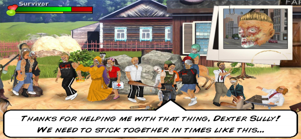 Extra Lives - A group of diverse survivors gather in a rural landscape with a dialogue box about sticking together in the game Extra Lives.