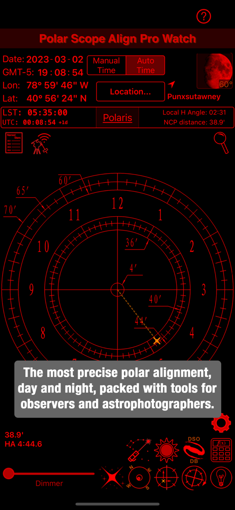 Polar Scope Align Pro Watch - Polar Scope Align Pro app interface in red night mode displaying a polar alignment reticle and astronomical coordinates